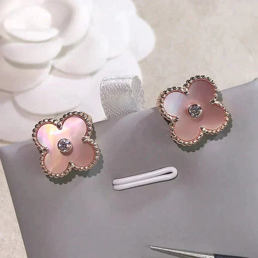 CLOVER MEDIUM 1 MOTIFS  PINK MOP DIAMOND EARRINGS