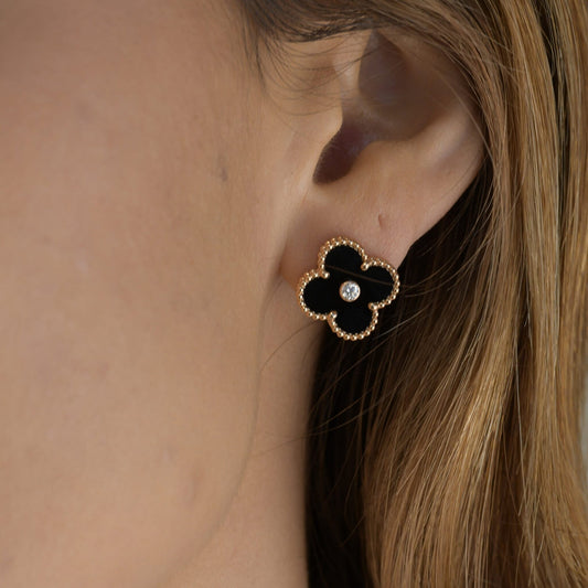 CLOVER MEDIUM 1 MOTIFS ONYX DIAMOND EARRINGS