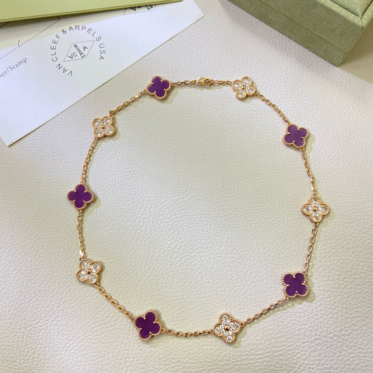 CLOVER 10 MOTIFS  PURPLE VIOLET DIAMOND NECKLACE