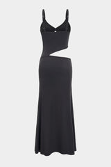 The back of a black maxi dress with cut-out details is displayed flat against a white background.