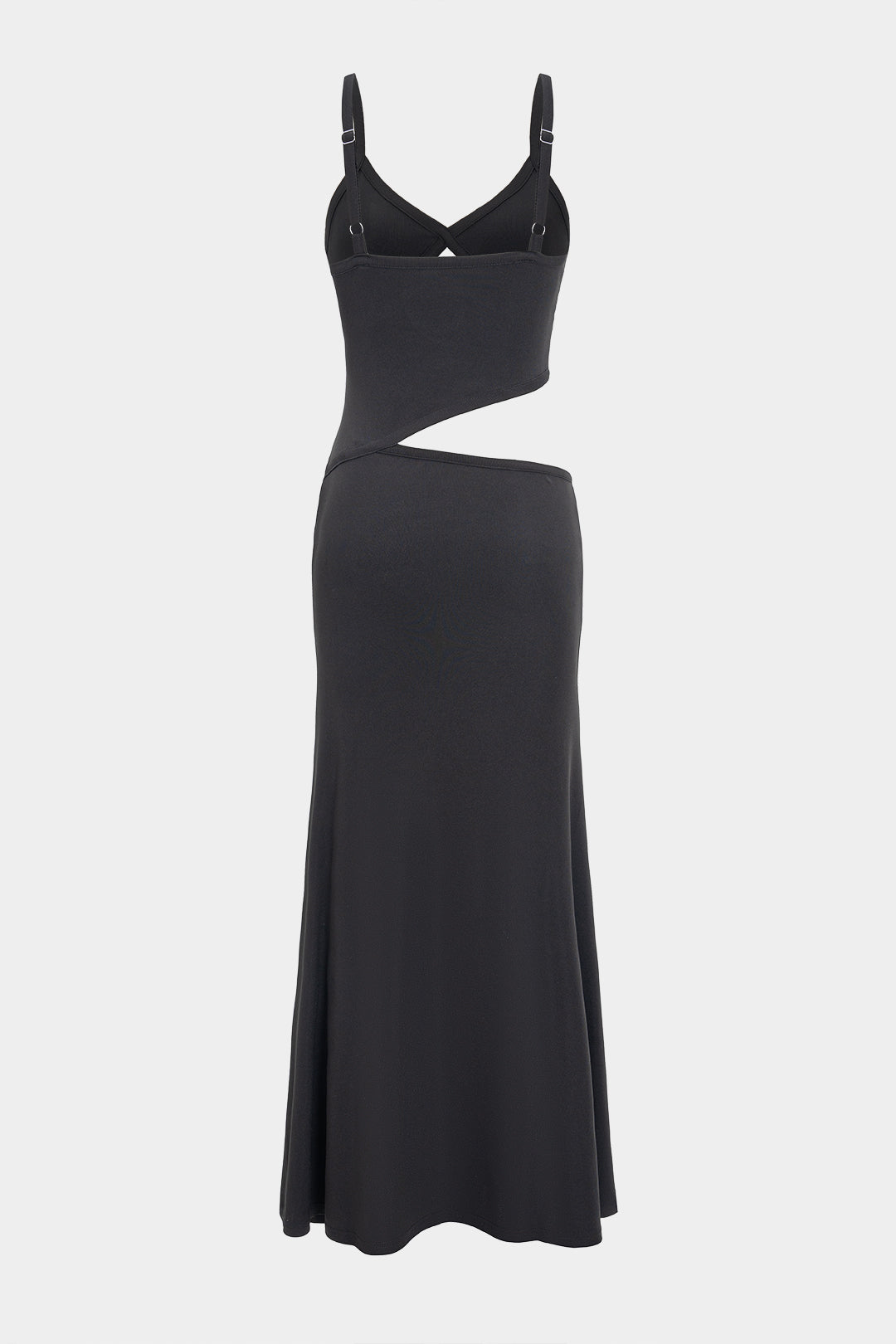 The back of a black maxi dress with cut-out details is displayed flat against a white background.