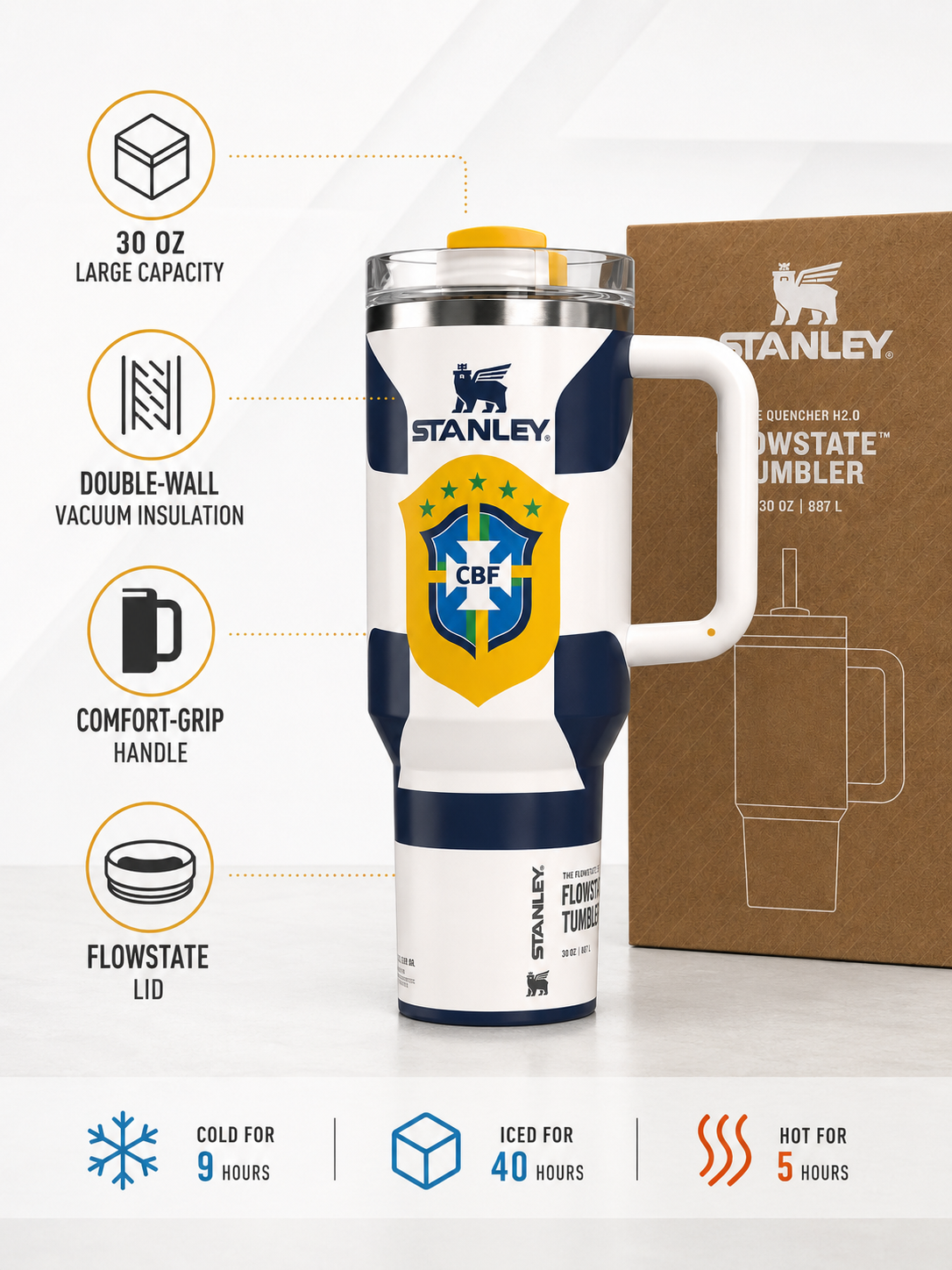 Stanley World Cup 2026 Brazil Tumbler with Handle and packaging box - View 2 | Clistos