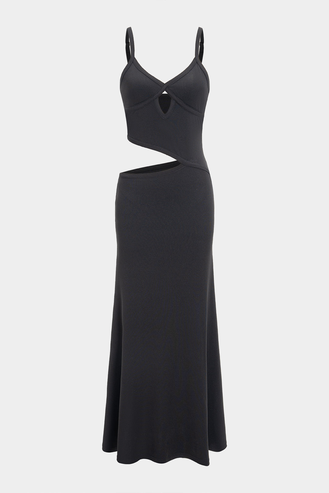 A black maxi dress with cut-out details is displayed flat against a white background.