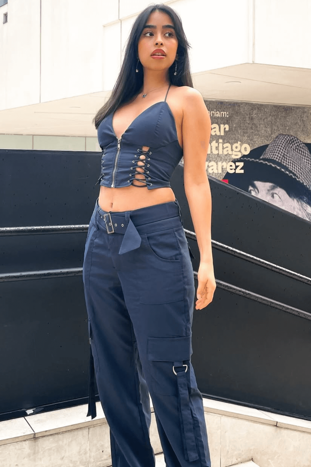 Lace Up Halter Crop Top and Cargo Pants Matching Set - View 6 | Clistos