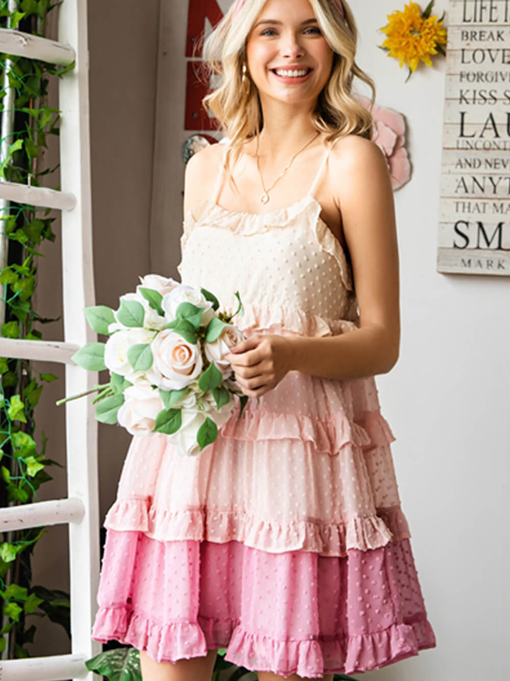 Pink Swiss Dot Ruffled Tiered Spaghetti Strap Mini Dress - View 6 | Clistos