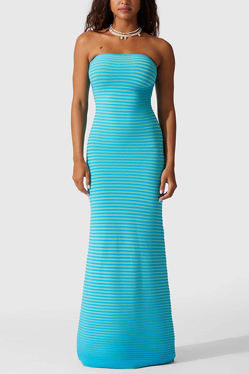 Strapless Striped Knit Maxi Bodycon Dress - View 10 | Clistos
