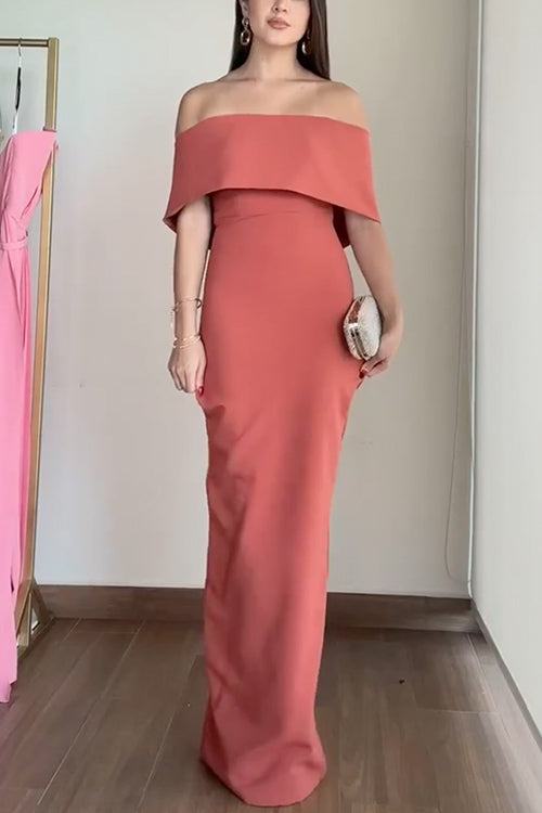 Woman wearing a coral off-the-shoulder formal gown.