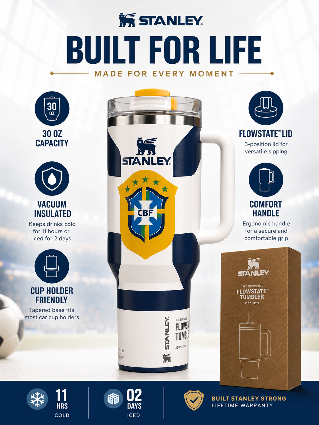 Stanley World Cup 2026 Brazil Tumbler with Handle and packaging box - View 10 | Clistos