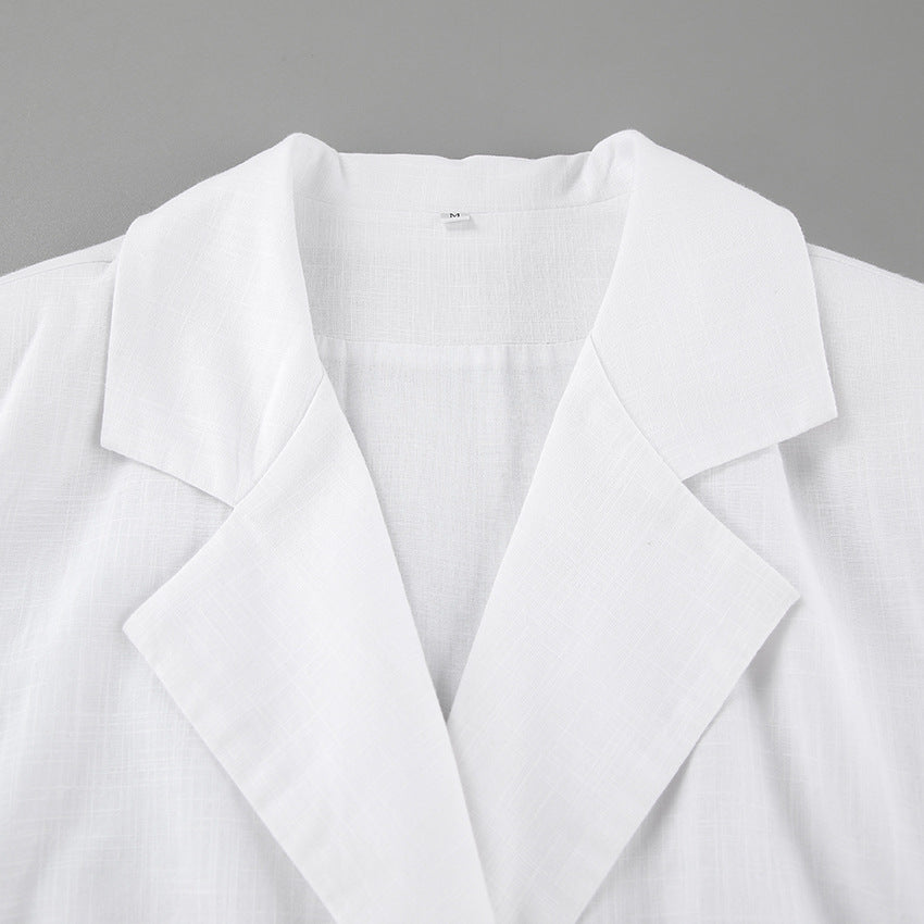 White ruched v-neck bodycon mini dress with blazer collar and ruffle hem - View 10 | Clistos