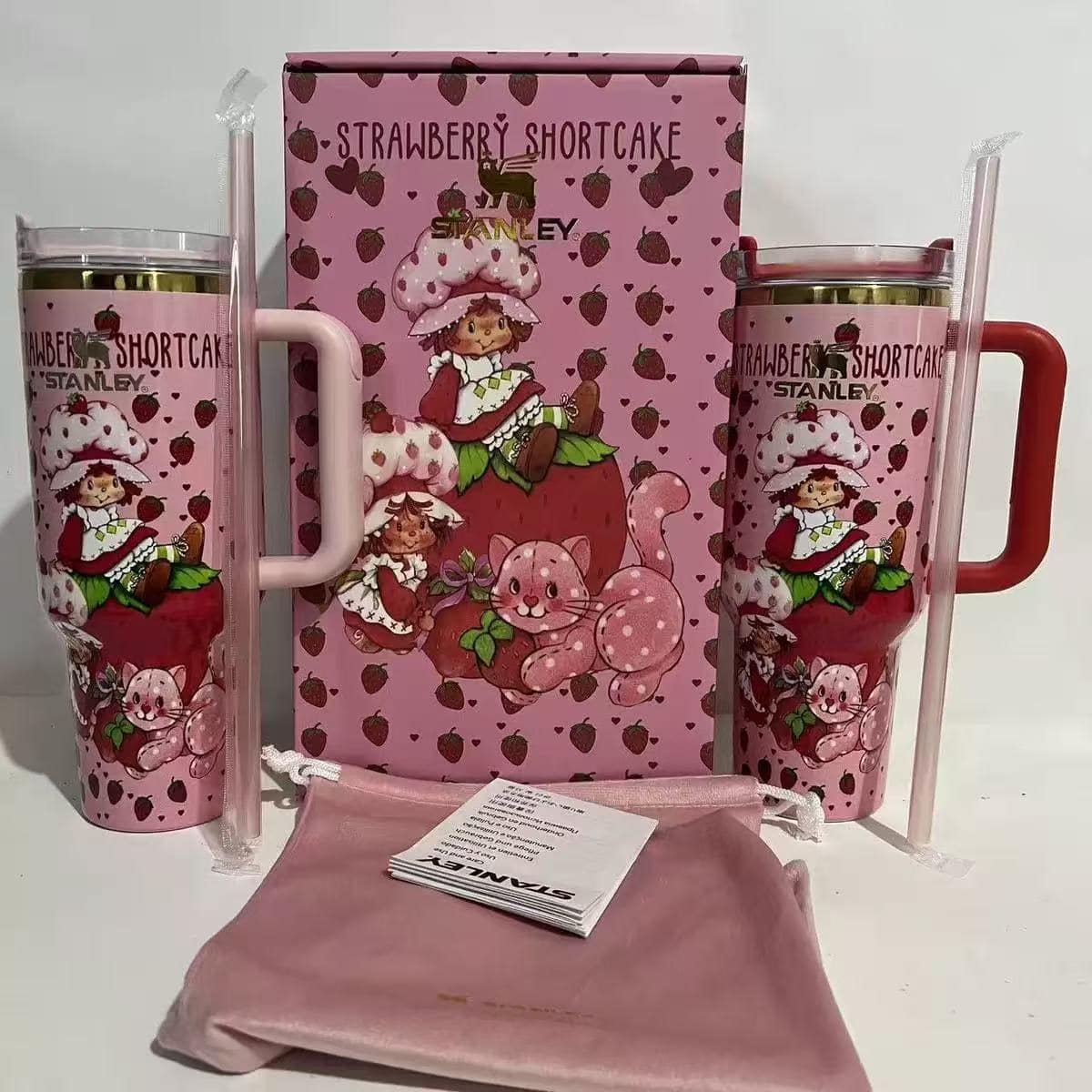 Stanley 40oz Sweet Berry Daydream Tumbler with pink Strawberry Shortcake artwork and ergonomic handle - View 5 | Clistos