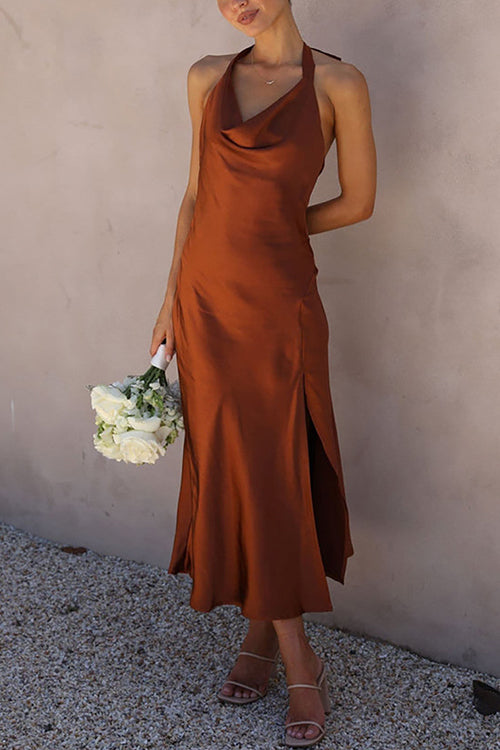 Sleeveless Cowl Neck Open Back Side Slit Midi Dress - View 8 | Clistos