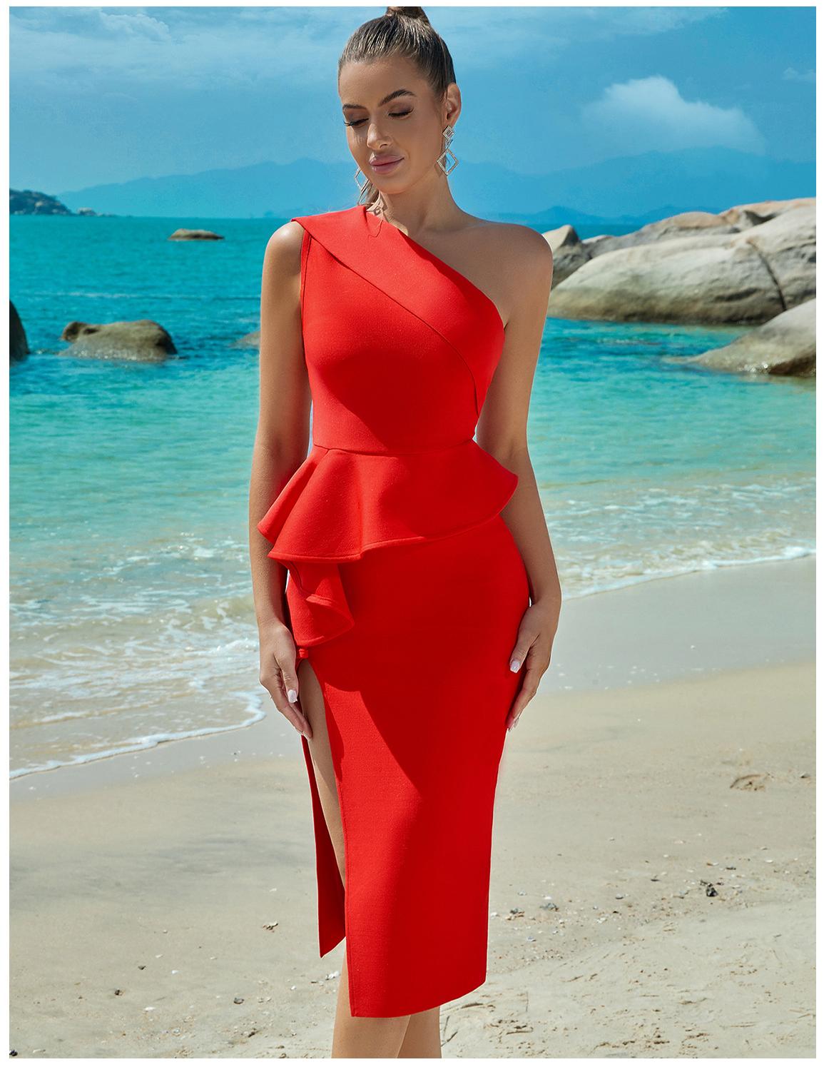 Red one shoulder ruffled slit bodycon midi formal dress - View 6 | Clistos