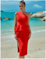 Red one shoulder ruffled slit bodycon midi formal dress - View 6 | Clistos