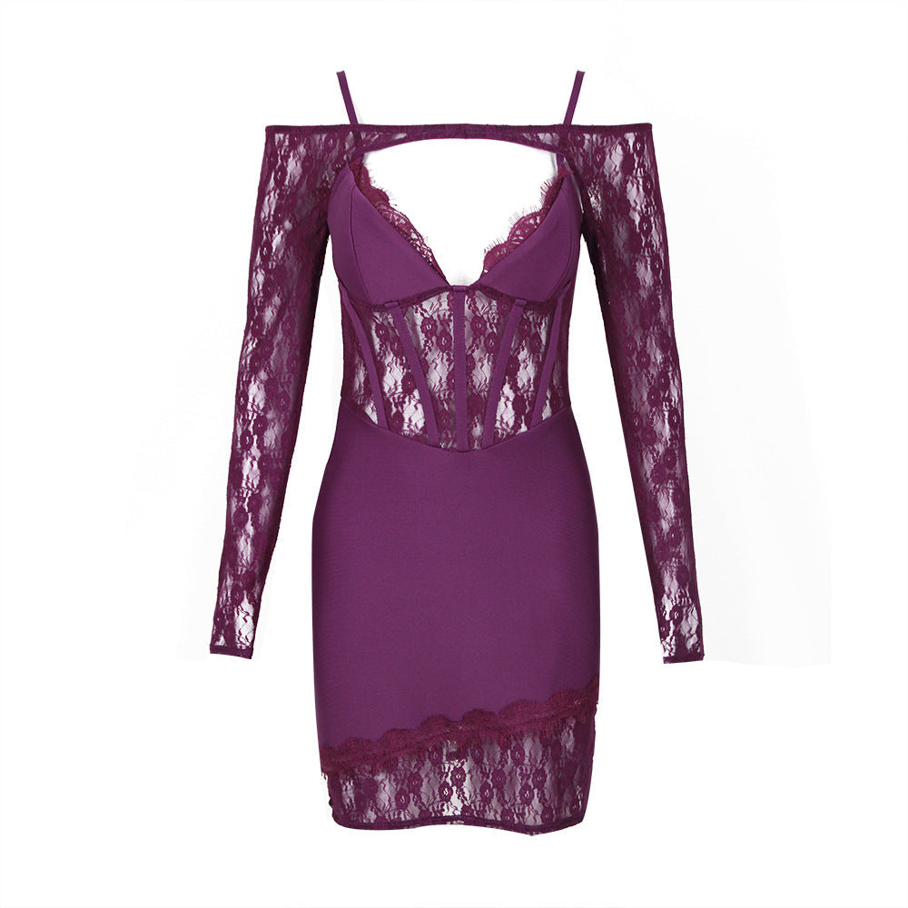 purple lace dress with cut-out detail