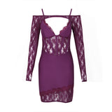 purple lace dress with cut-out detail