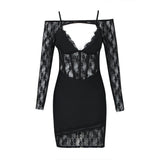 black lace dress with cut-out detail