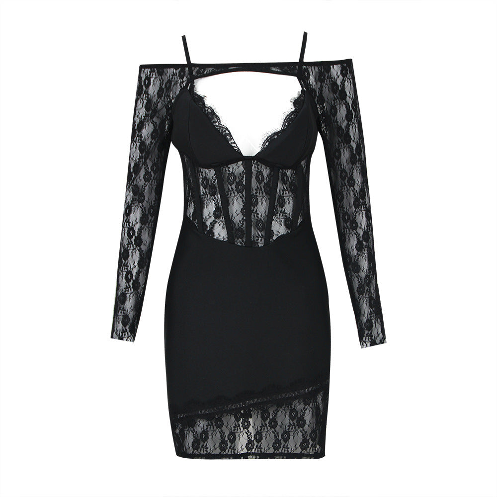 black lace dress with cut-out detail