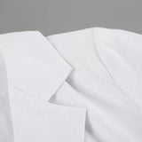 White ruched v-neck bodycon mini dress with blazer collar and ruffle hem - View 12 | Clistos