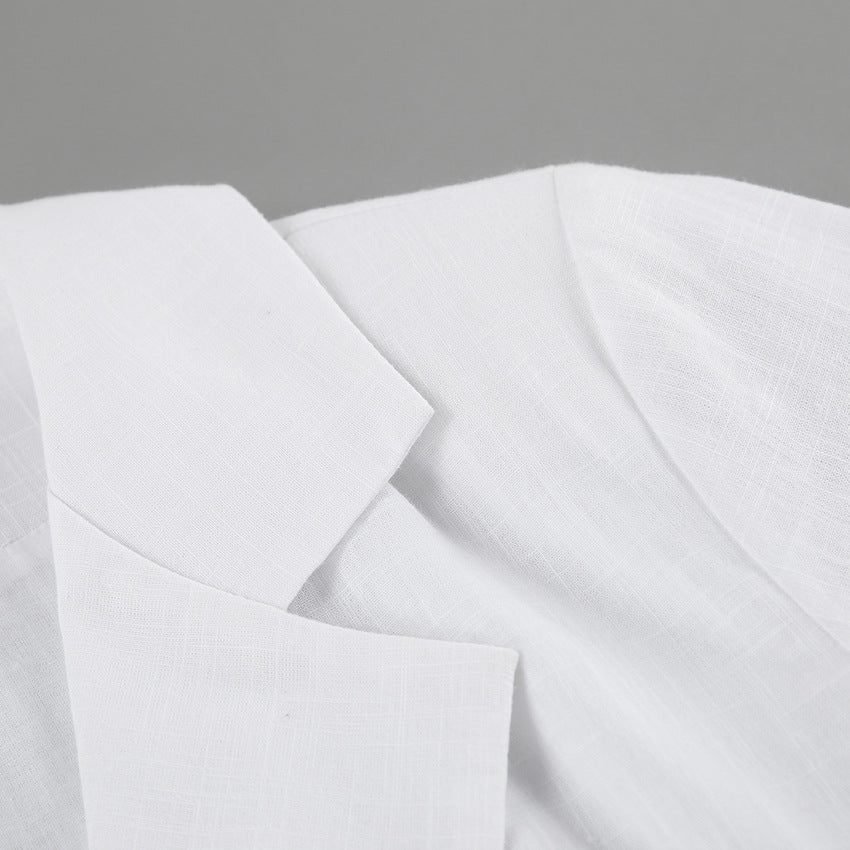 White ruched v-neck bodycon mini dress with blazer collar and ruffle hem - View 12 | Clistos