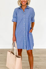 Close-up of a woman wearing a blue and white striped shirt dress with her hands in the pockets and holding a large beige tote bag.