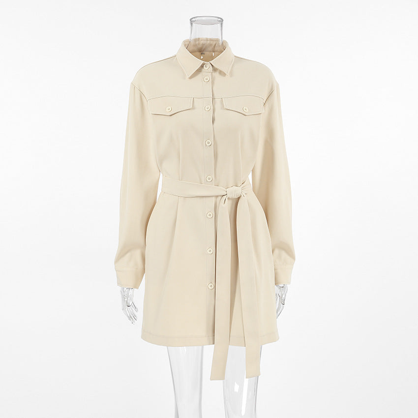 Khaki collared belted shirt dress - View 6 | Clistos