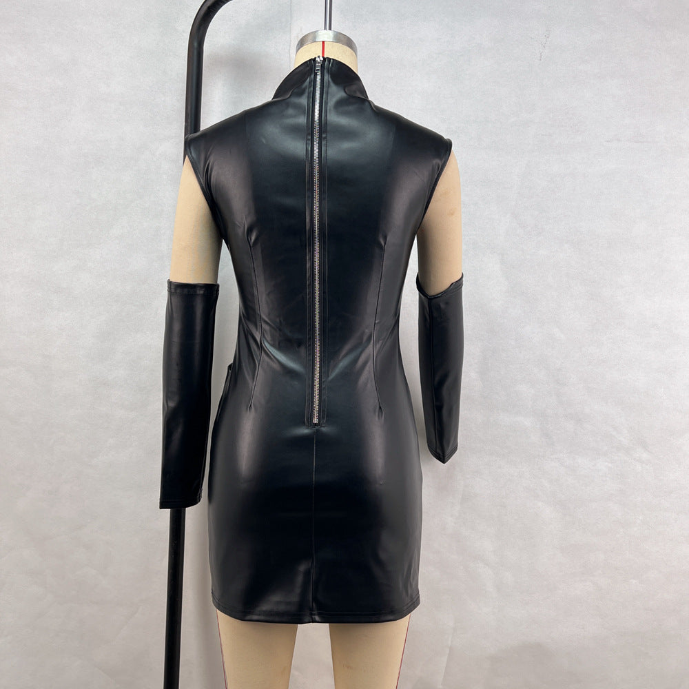 Faux leather bodycon dress with attached gloves - View 6 | Clistos