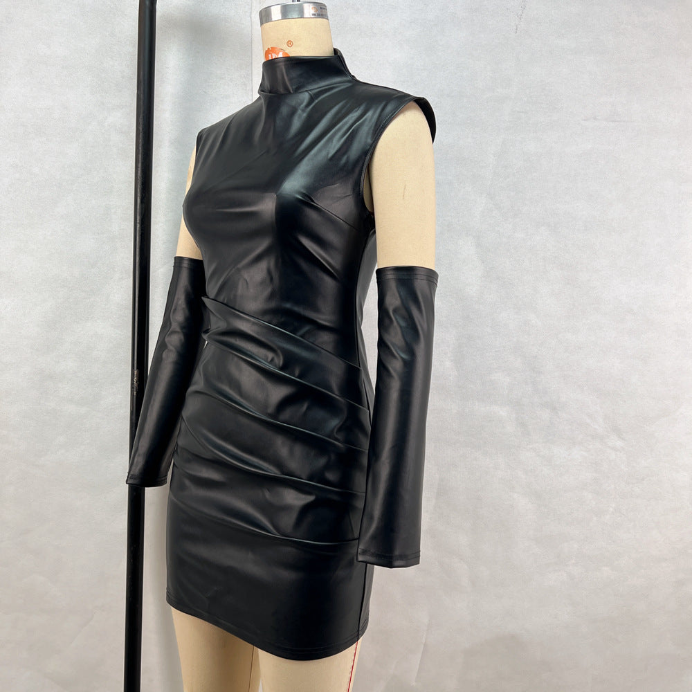 Faux leather bodycon dress with attached gloves - View 7 | Clistos