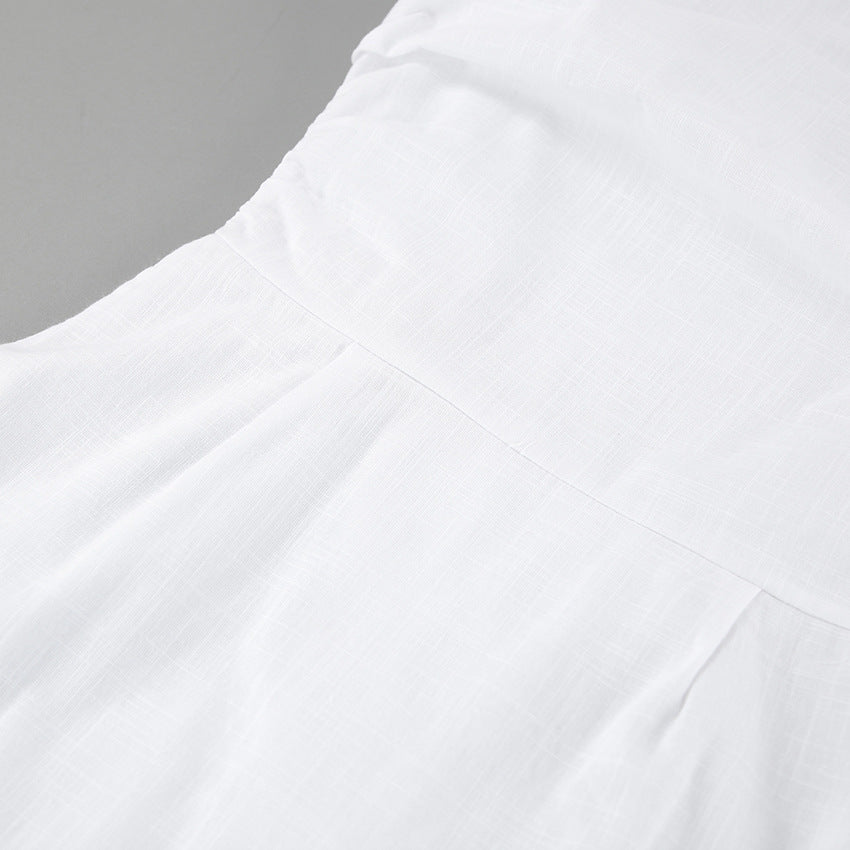 White ruched v-neck bodycon mini dress with blazer collar and ruffle hem - View 13 | Clistos