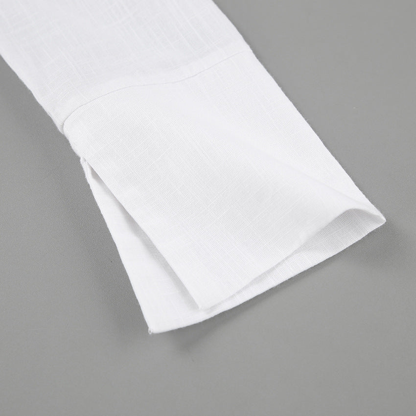 White ruched v-neck bodycon mini dress with blazer collar and ruffle hem - View 14 | Clistos