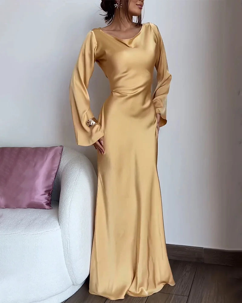 Elegant gold satin mermaid evening gown with long bell sleeves - View 6 | Clistos
