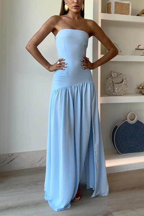 Strapless high slit maxi dress in blue - View 7 | Clistos