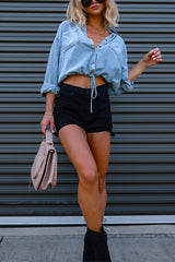 Cropped denim shirt with drawstring hem - View 6 | Clistos