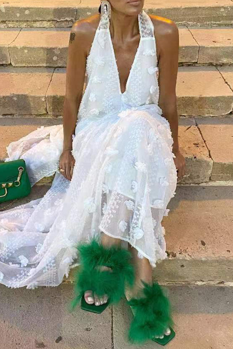Clistos white halter neck backless maxi dress with sheer fabric and patchwork detail - View 6 | Clistos