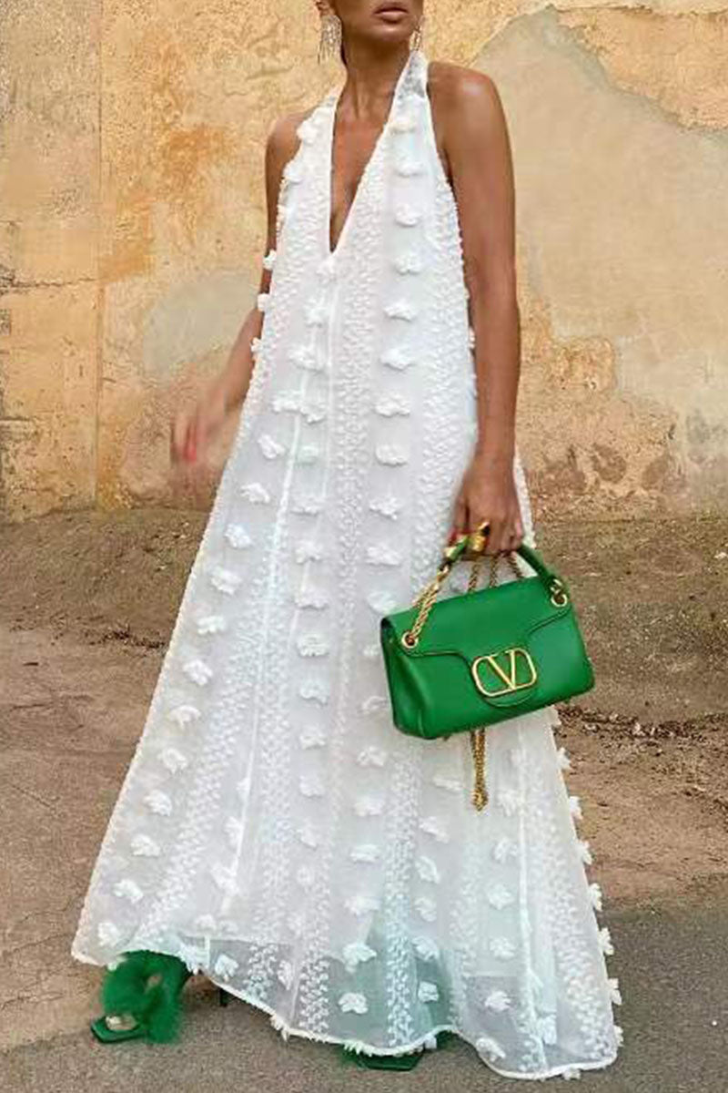 Clistos white halter neck backless maxi dress with sheer fabric and patchwork detail - View 9 | Clistos