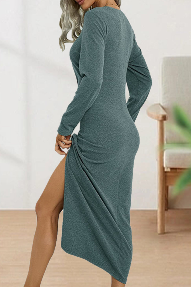 Elegant Fold O Neck Long Sleeve Sheath Dress - View 12 | Clistos