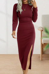 Elegant Fold O Neck Long Sleeve Sheath Dress - View 31 | Clistos