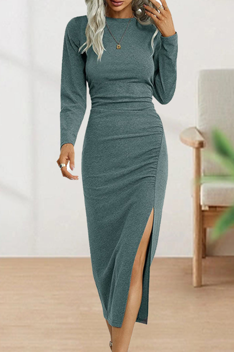 Elegant Fold O Neck Long Sleeve Sheath Dress - View 13 | Clistos