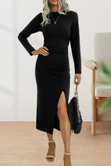 Elegant Fold O Neck Long Sleeve Sheath Dress - View 17 | Clistos