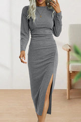 Elegant Fold O Neck Long Sleeve Sheath Dress - View 38 | Clistos