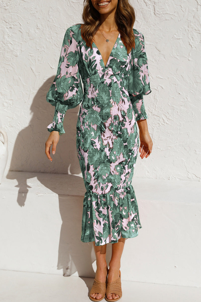 Elegant floral print midi dress with V-neck and balloon sleeves - View 12 | Clistos