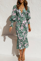 Elegant floral print midi dress with V-neck and balloon sleeves - View 9 | Clistos