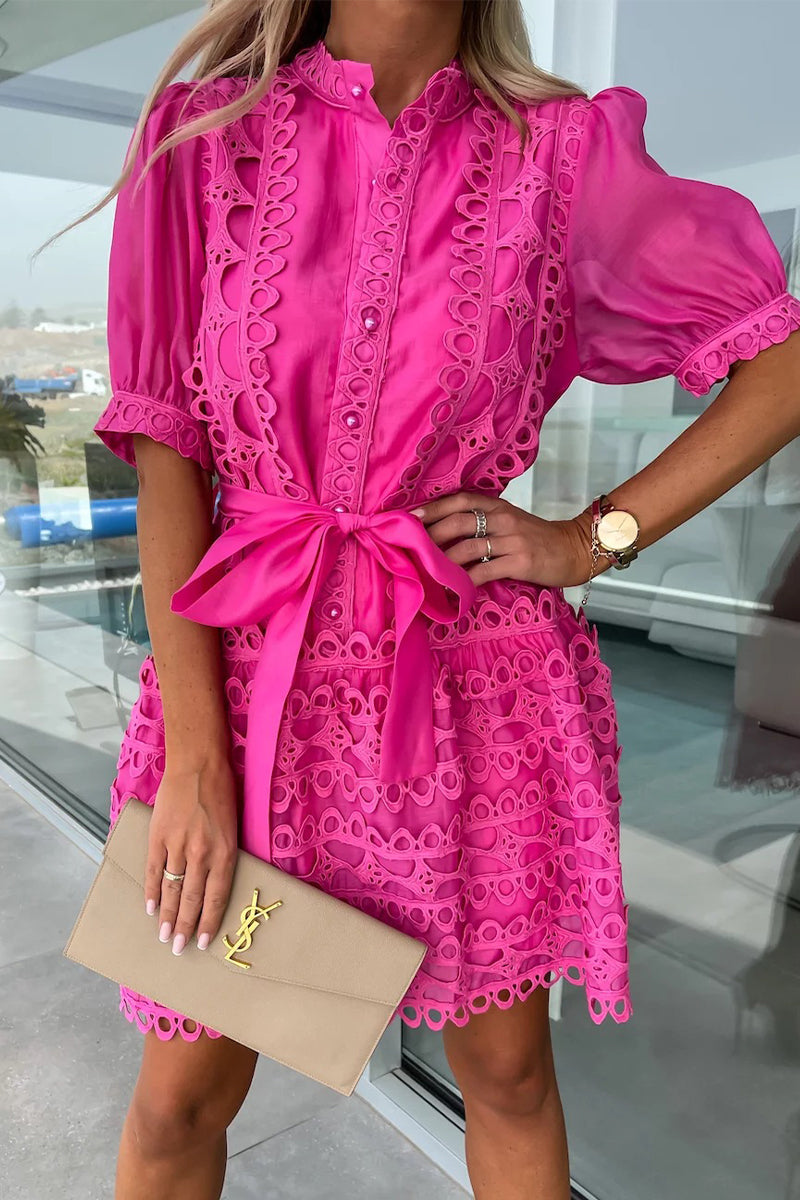 Elegant mandarin collar princess dress with lace detailing and puff sleeves - View 10 | Clistos