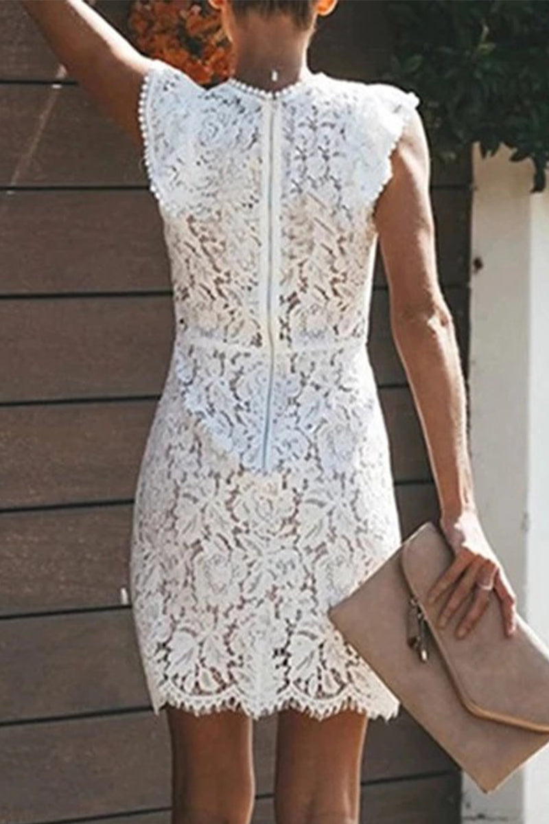 back of woman in white lace dress with zipper