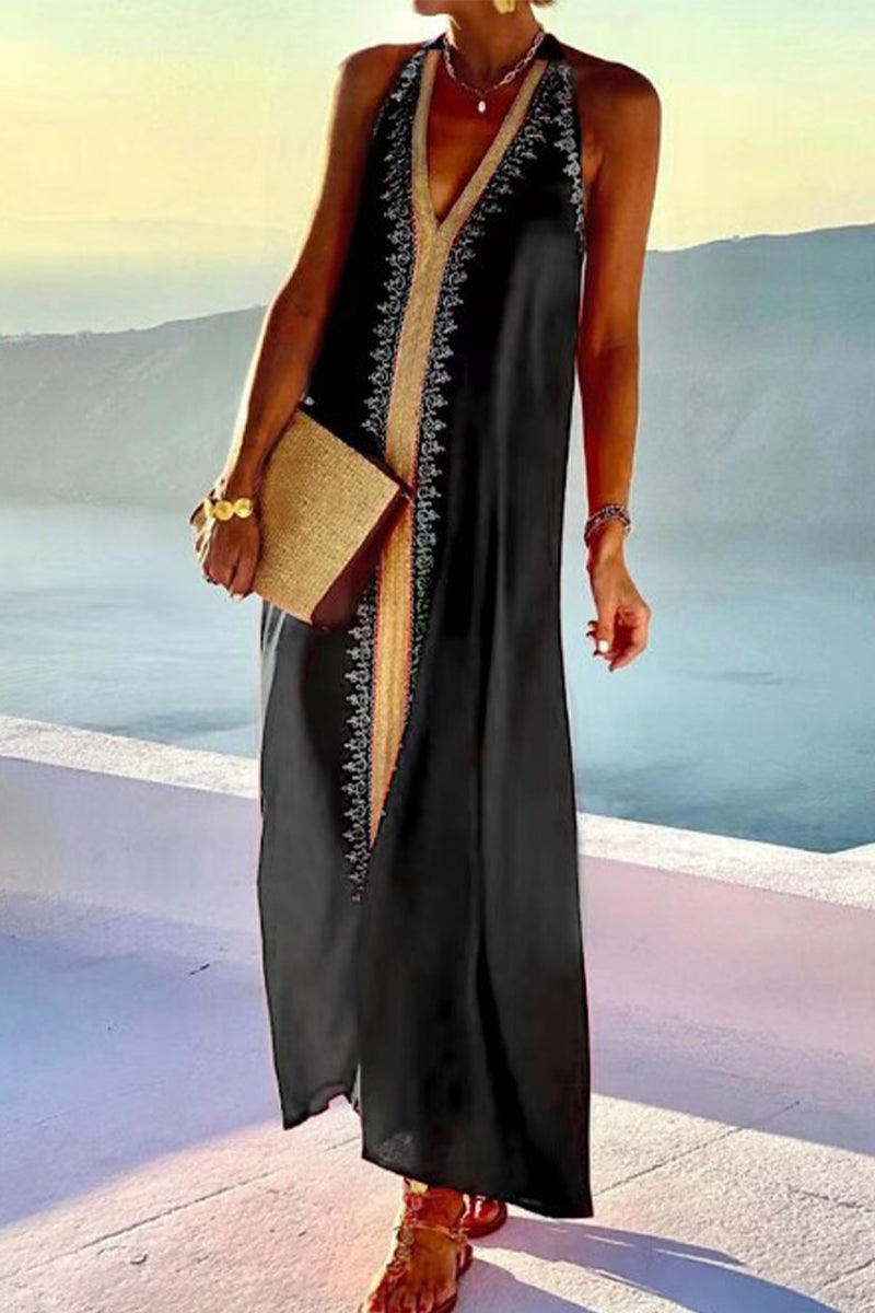 Patchwork V-Neck Sleeveless Maxi Dress - View 7 | Clistos