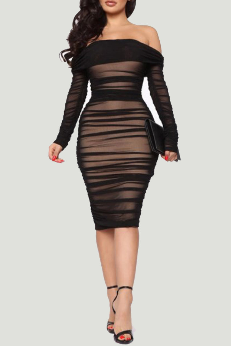 Clistos Off Shoulder Ruched Sheer Mesh Bodycon Dress - View 8 | Clistos