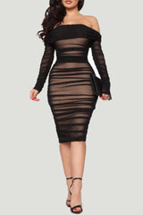 Clistos Off Shoulder Ruched Sheer Mesh Bodycon Dress - View 9 | Clistos