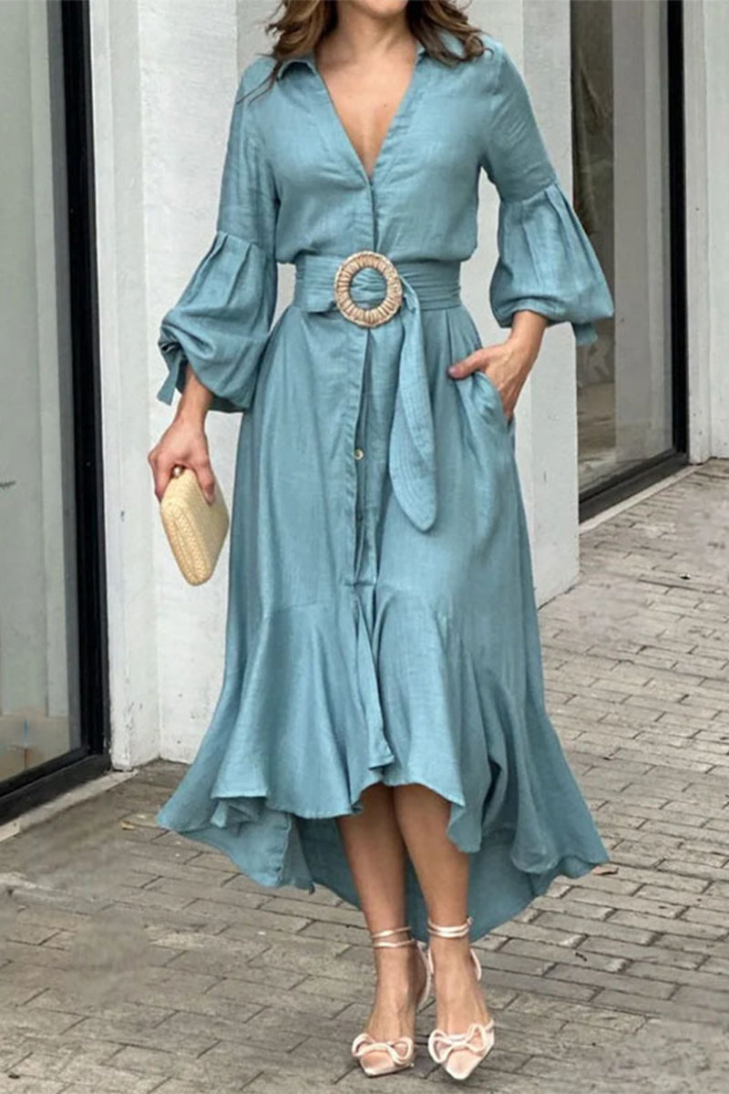 The back of the blue dress shows a high-low hemline.