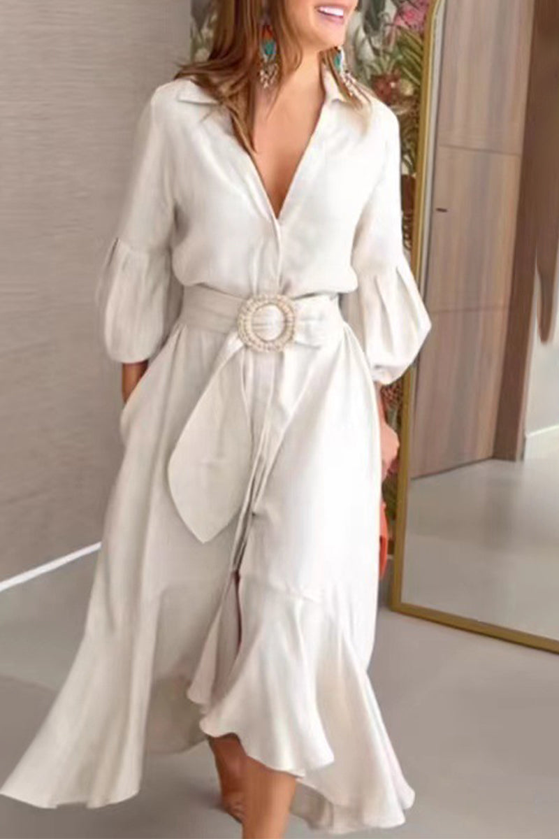 Belted V-Neck A-Line Midi Dress - View 11 | Clistos
