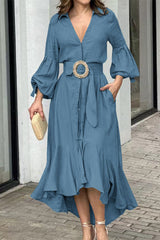 Belted V-Neck A-Line Midi Dress - View 23 | Clistos