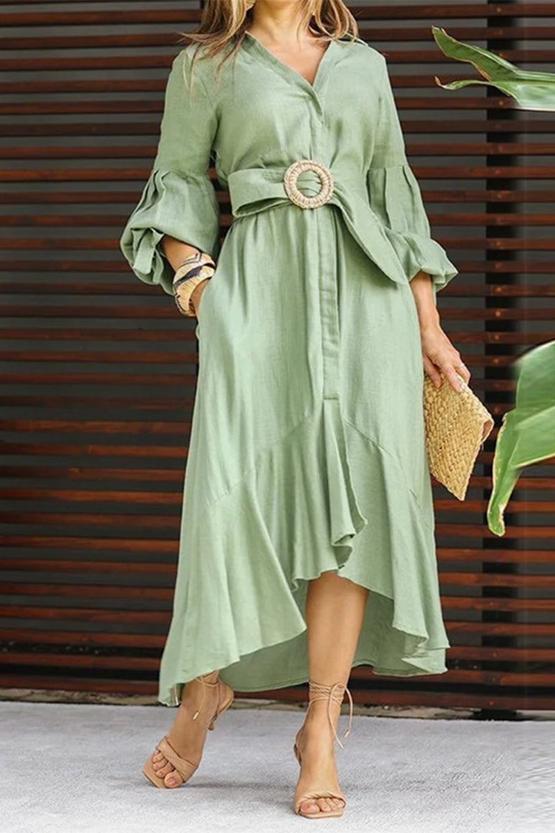 Belted V-Neck A-Line Midi Dress - View 7 | Clistos